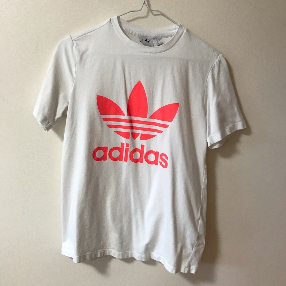 Adidas White and Neon Bright Pink T shirt Women’s Athletic